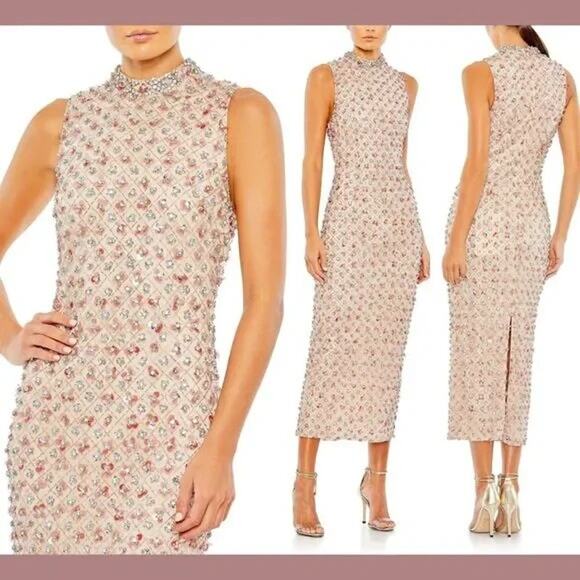 NWT Mac Duggal [ 4 ] 10780 Embellished High Neck Sleeveless‎ Column Dress Peach - Picture 1 of 2
